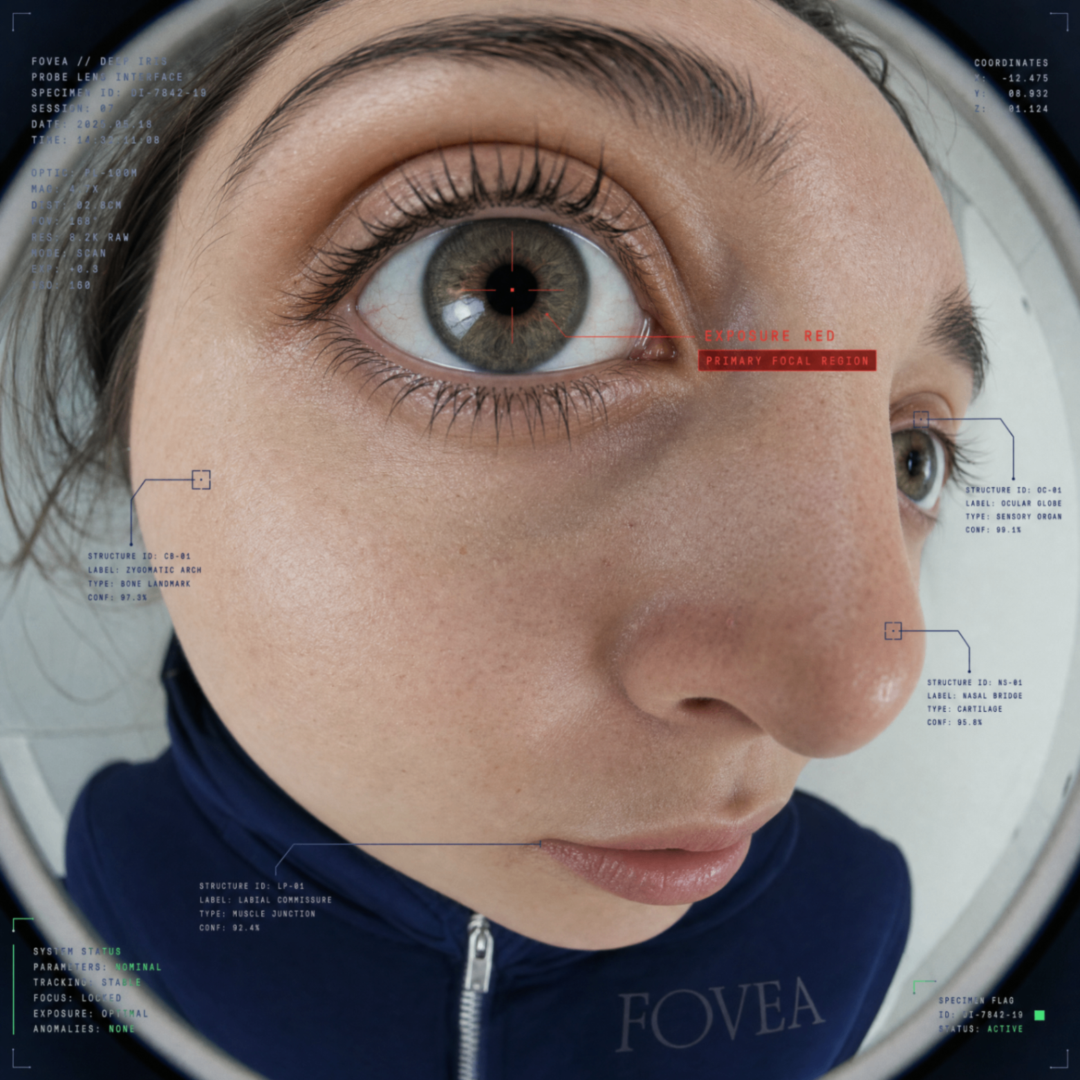 An extreme close-up fisheye face scan focused on the eye, overlaid with probe lens metadata and focal markers.