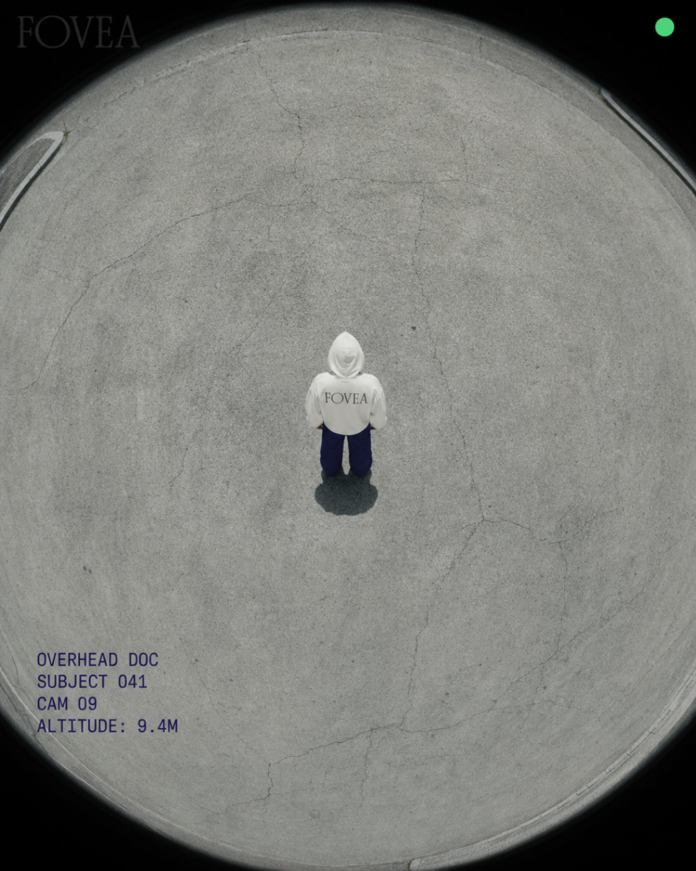 An overhead fisheye crane shot of a subject in a white FOVEA hoodie standing alone in a circular concrete field.
