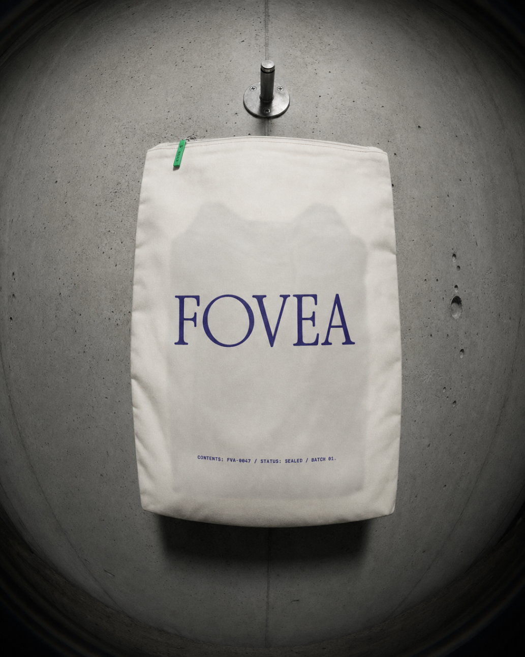 A sealed FOVEA garment bag hanging against a concrete wall, photographed with a fisheye lens.