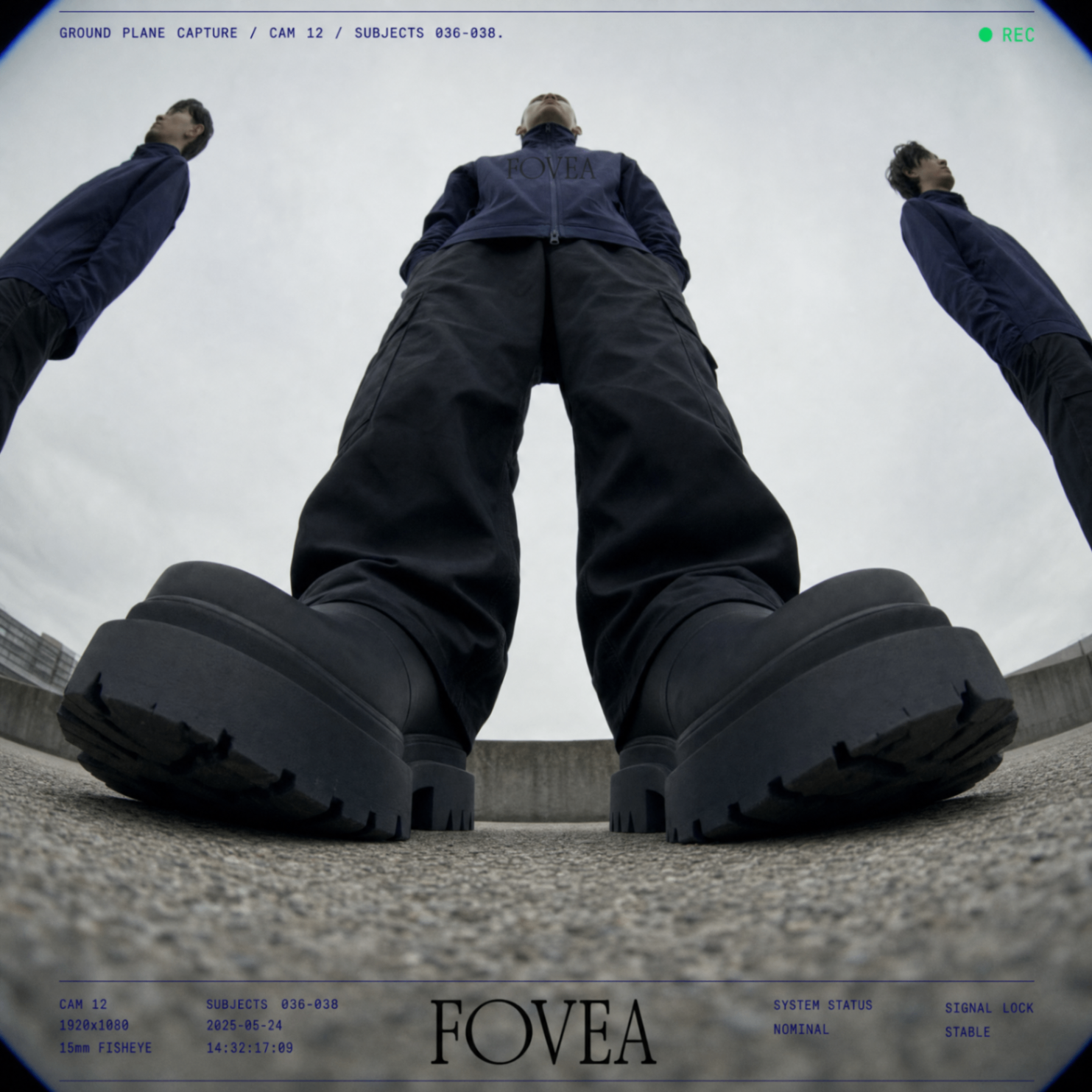 A low-angle crowd emergence view looking up at multiple FOVEA subjects from ground level.
