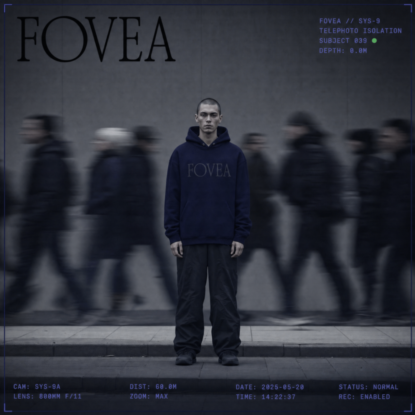 A telephoto street isolation record showing a single FOVEA subject in focus while a crowd passes as blur.