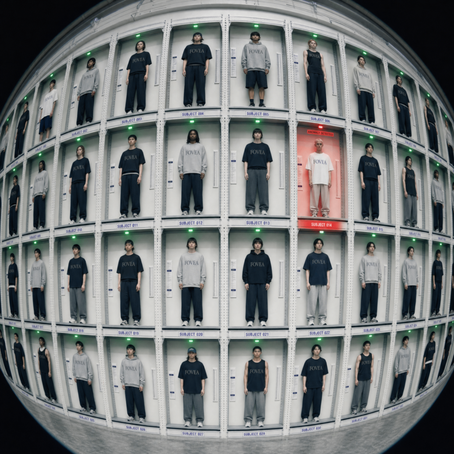Rows of human subjects displayed in a specimen shelf wearing FOVEA garments, photographed with a fisheye lens.
