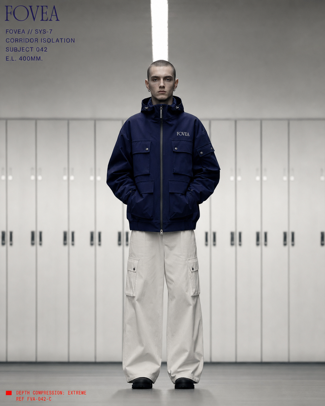 A front-facing telephoto portrait of a subject wearing a deep blue FOVEA jacket in a white corridor.