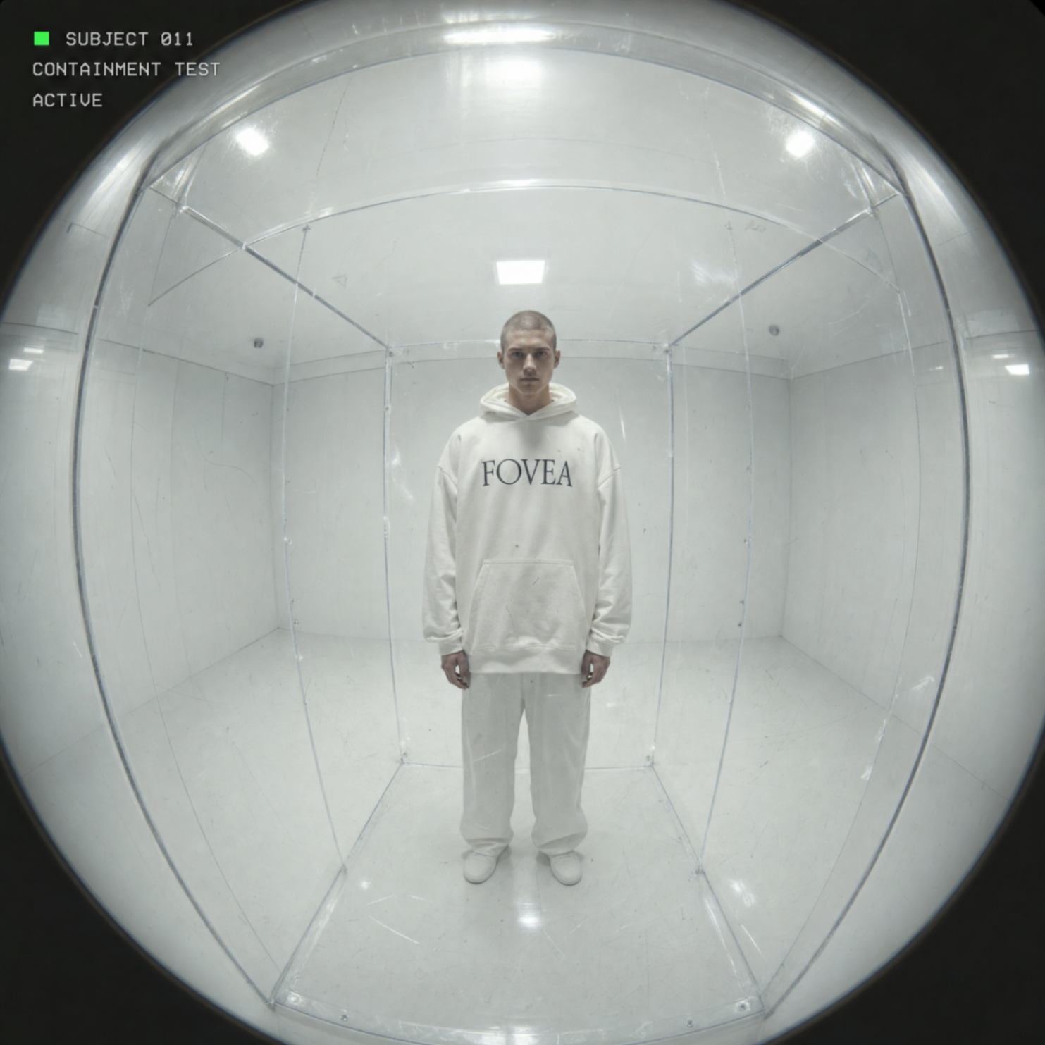 A subject in a white FOVEA hoodie stands inside a sealed observation chamber photographed straight-on.