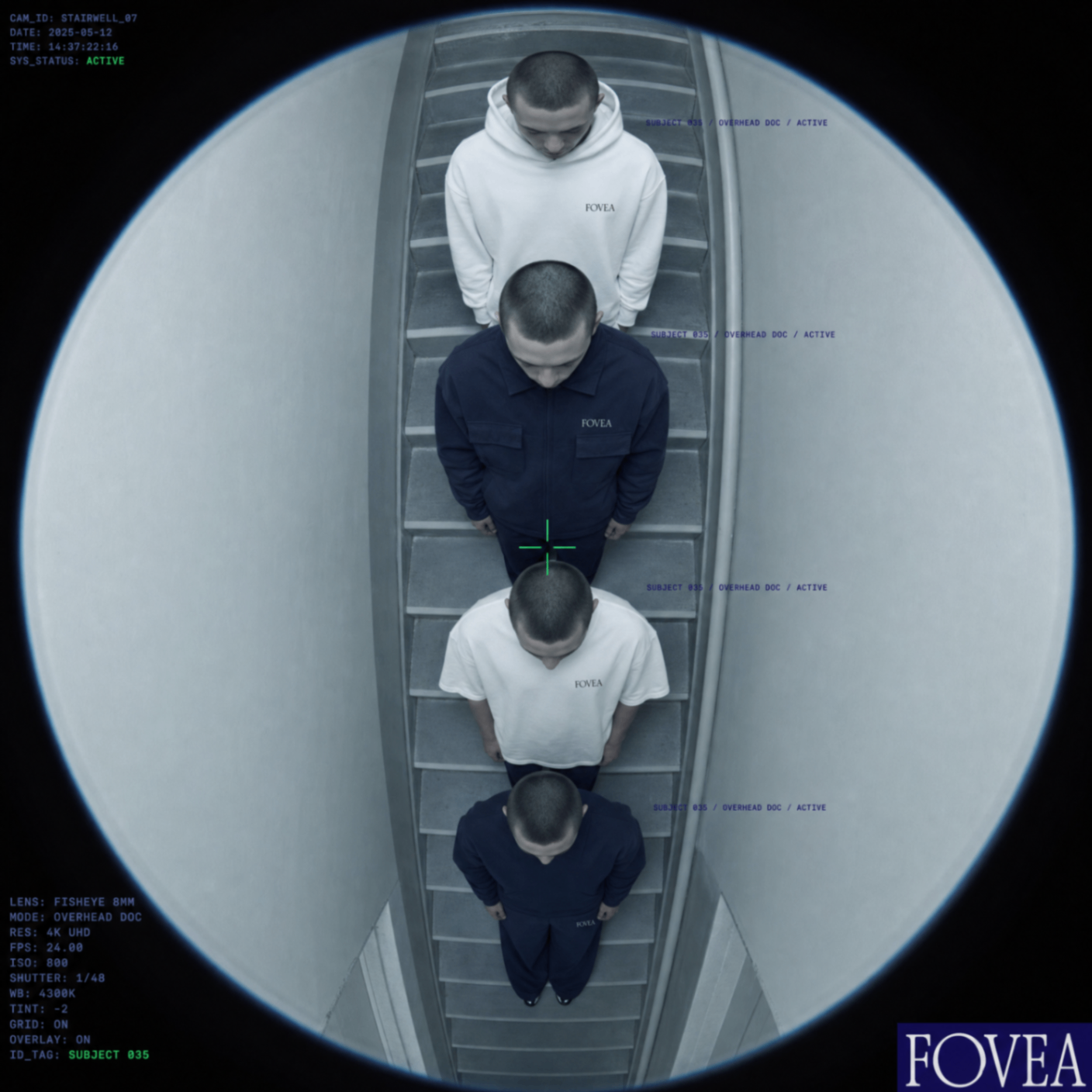 Four FOVEA subjects stacked vertically on a stairwell in an overhead fisheye surveillance composition.