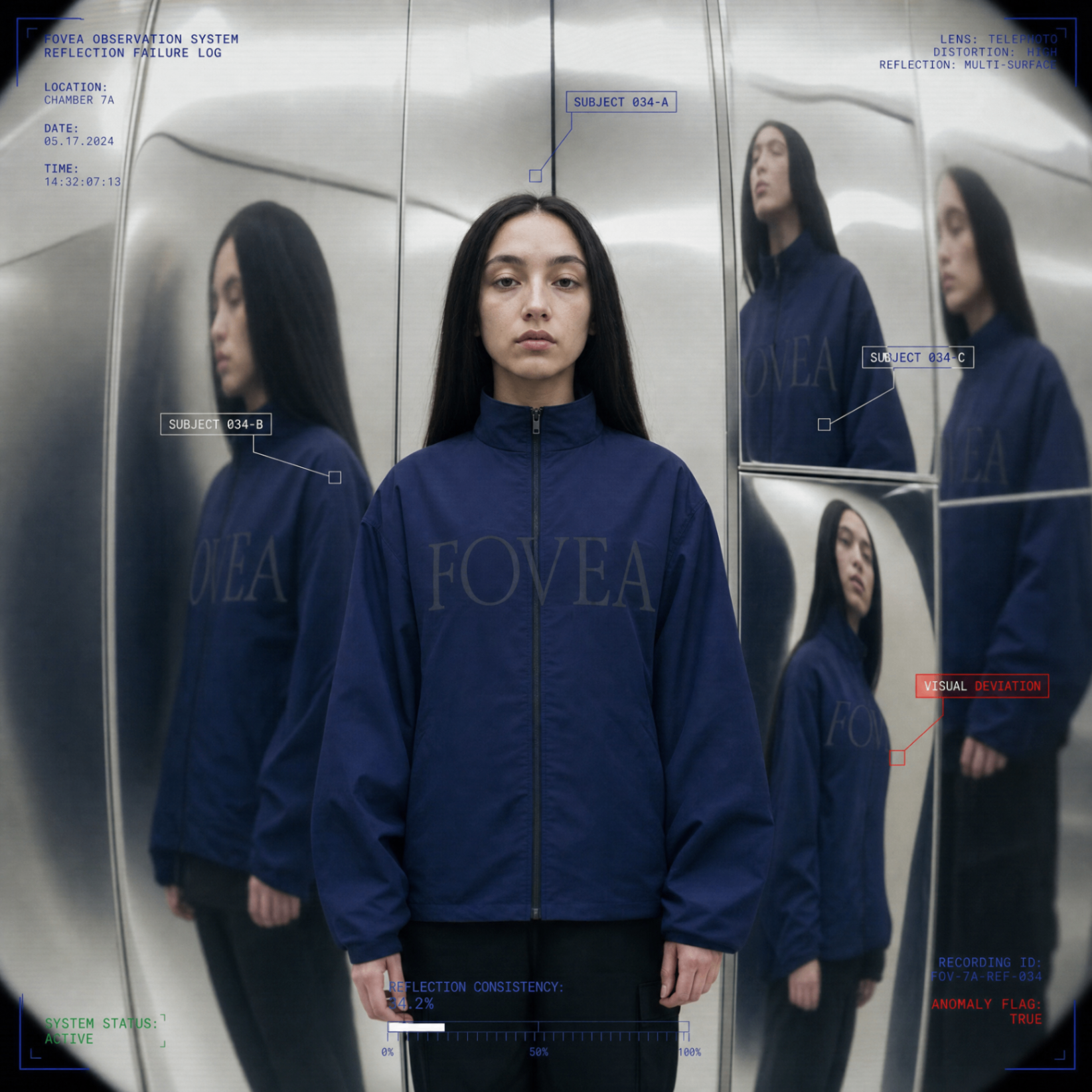 A subject in a deep blue FOVEA jacket stands among mirrored reflections marked with analysis overlays.