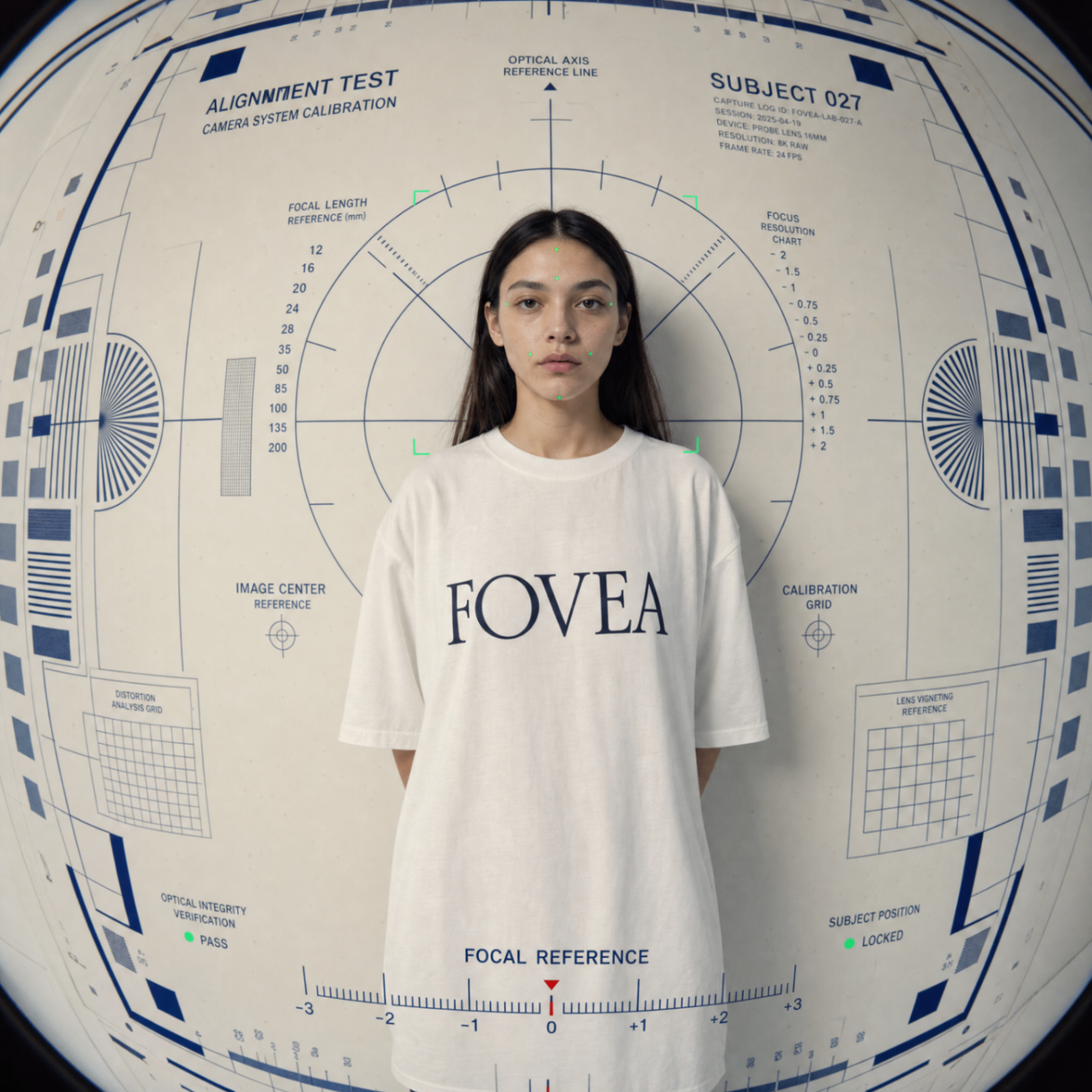 A subject in a FOVEA shirt stands against an optical calibration wall filled with alignment markers and measurement notes.