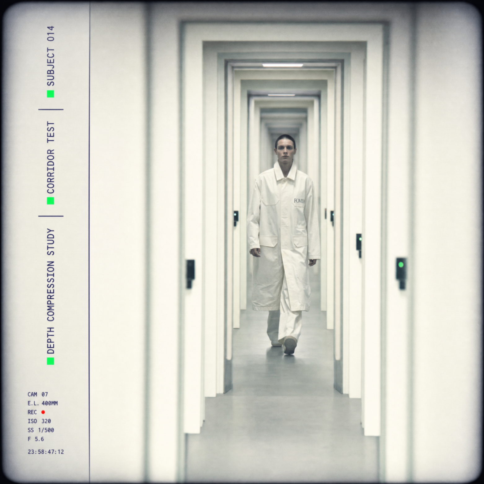 A subject walks through a long white corridor during a depth compression corridor test.